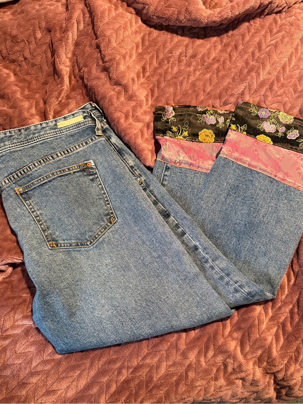 Pilcro Straight-Leg Blue Jeans with Pink and Black Floral Cuff